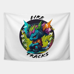 Cute Dragon Wearing Headphones - black font Tapestry