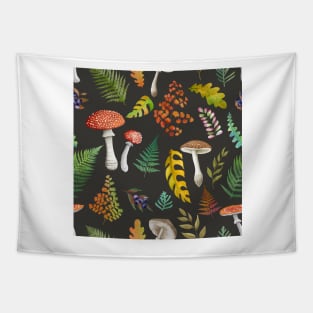 Red Mushrooms, fall leaves seamless pattern. Watercolor fly agarics, autumn foliage print. Woodland fantasy Tapestry