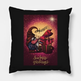 Cute Christmas greeting card with hippie gnome playing music on the piano Pillow