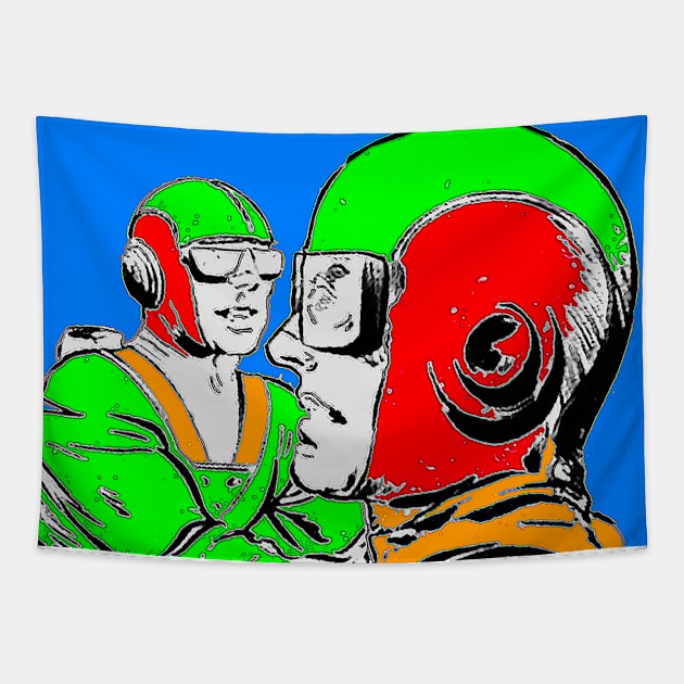 heroes in green conversing Tapestry by Marccelus