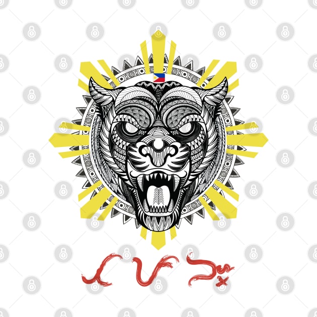 Tribal line Art Tiger / Philippine Flag Sun Baybayin word Tapang (Courage) by Pirma Pinas