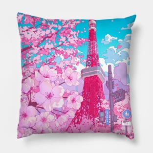 Tokyo Tower and pink cherry blossom Pillow