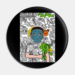 Whimsical Digital Collectible - Character with MaleMask, DoodleEye Color, and DarkSkin on TeePublic Pin