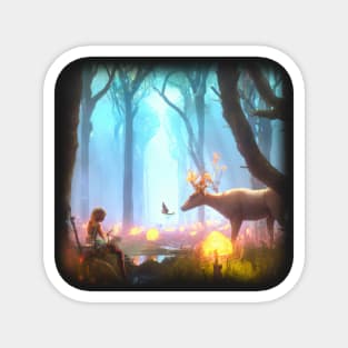 Girl in magical forest surrounded by animals Magnet