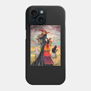 Witch Way Halloween Witch and Black Cat Fantasy Art Phone Case