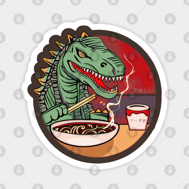 Dinosaur eating hot ramen noodles Magnet by jen28