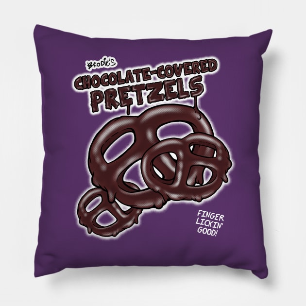 Brodie Bruce's Chocolate Covered Pretzels Pillow by CharlieMakesCartoons