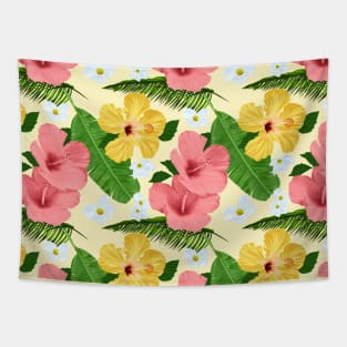 Tropical Hibiscus and Palm Fronds in Yellow Tapestry