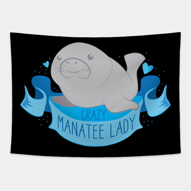 Crazy manatee lady on a blue banner Tapestry by jazzydevil