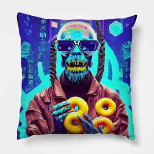 happy cyberpunk monkey with donuts Pillow