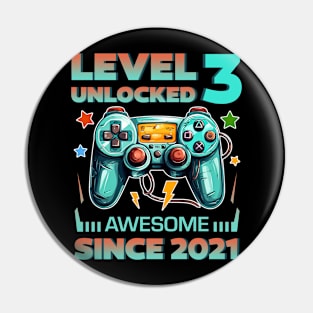 Level 3 Unlocked Awesome Since 2021 3rd b-day Gift For Boys Kids Toddlers Pin