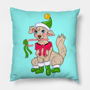 Chistmas Elf Puppy Dog with Candy Cane Pillow