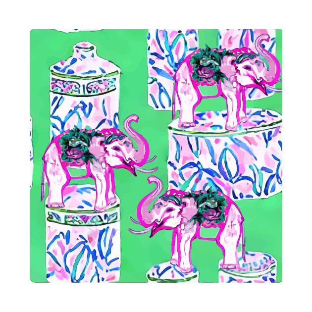 Pink elephants and ginger jars on lime green by SophieClimaArt