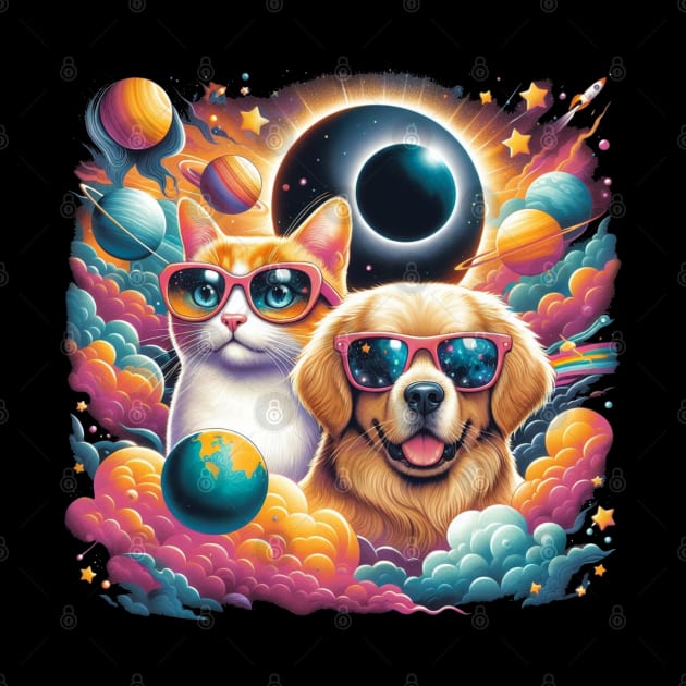 colorful cat and dog with solar 2024 eclipse wearing Glasses by HBart