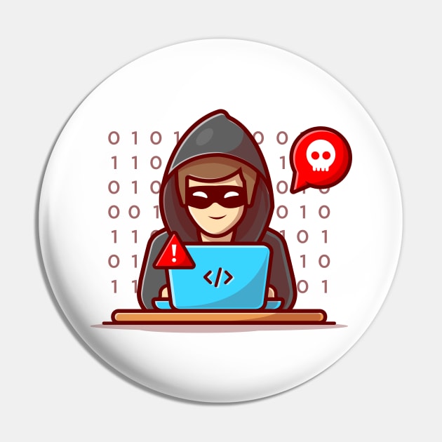 Hacker operating a laptop cartoon Pin by Catalyst Labs