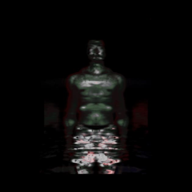 Portrait, digital collage and special processing. Muscular weird guy in briefs. Darkness. Glow. Green, gray. by 234TeeUser234