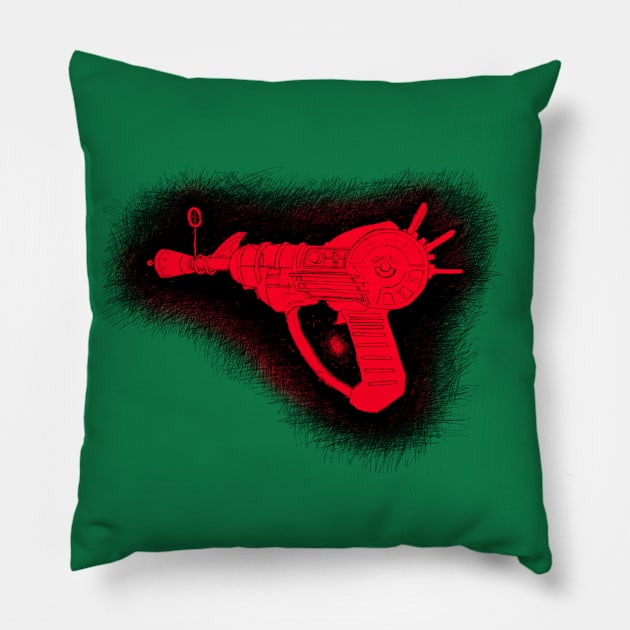 Zombies Red and Black Sketchy Ray Gun on Emerald Green Pillow by LANStudios