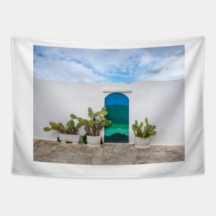 Blue door with cactus and white wall Tapestry