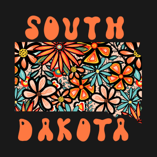 South Dakota State Design | Artist Designed Illustration Featuring South Dakota State Filled With Retro Flowers with Retro Hand-Lettering T-Shirt