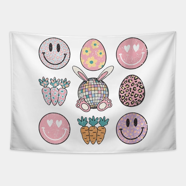 Retro Groovy Bunny Smile Disco Eggs Carrot Happy Easter Day Tapestry by Mitsue Kersting