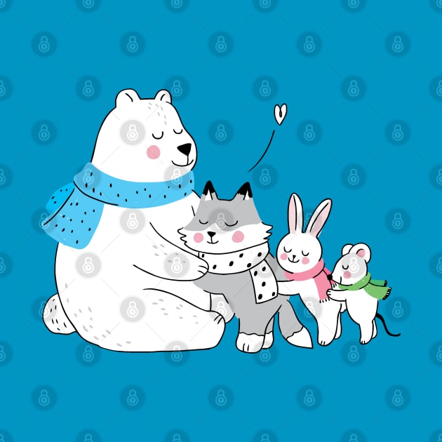 Winter polar bear hugging littles animals by Mako Design 