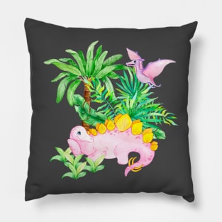 Cute Pink Dinosaur Stegosaurus in the Jungle Watercolor Art Pillow