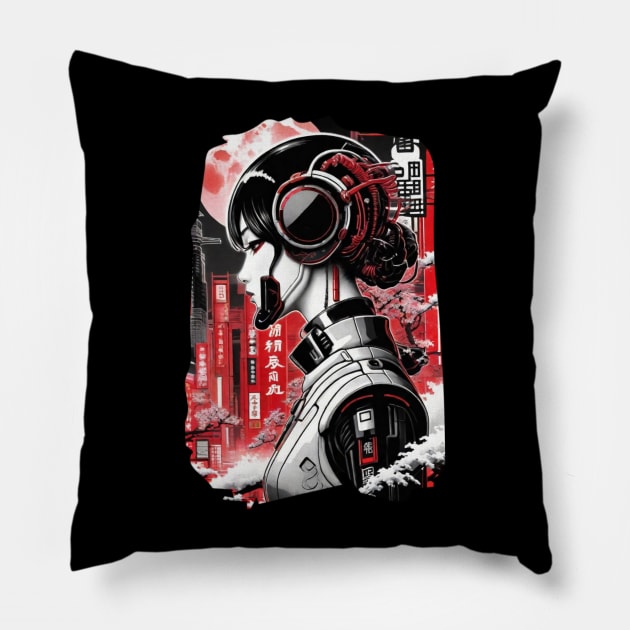 Futuristic Japanese Style Girl - Cyberpunk Pillow by pibstudio. 