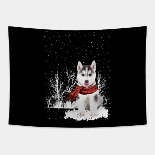 Christmas Husky With Scarf In Winter Forest Tapestry