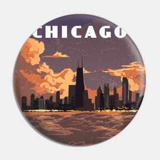 Chicago, Illinois, USA. Sunset.Retro travel poster Pin
