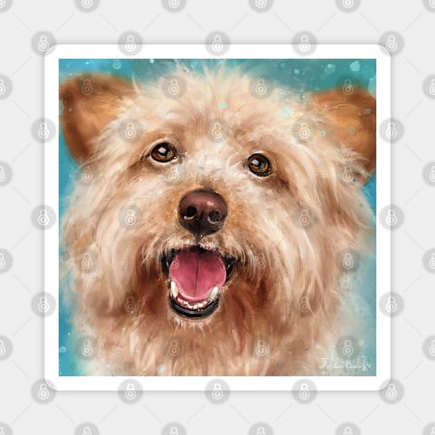 Painting of a Happy Yorkshire Terrier with Its Tongue Out on a Blue Background Magnet by ibadishi