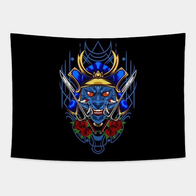 Samurai Cat - Blue Kabuto Tapestry by Harrisaputra