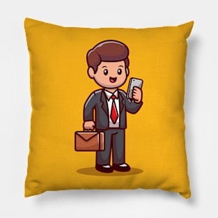 Businessman With Phone And Suitcase Cartoon Pillow