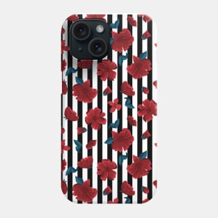 Red Textured Flowers on Black and White Stripes Modern Phone Case