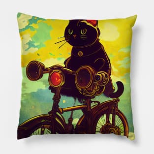 Black cat riding a bicycle Pillow