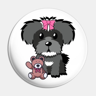 Cute schnauzer holds a teddy bear Pin