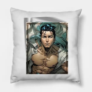 Cartoon superhero ripping his shirt off Pillow