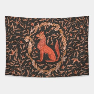 Red fire wolf in a floral wreath and leaves on black background Tapestry