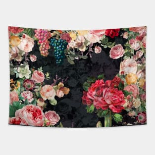 Elegant Vintage flowers and roses garden shabby chic, vintage botanical, pink floral pattern black artwork over a Tapestry