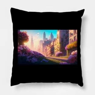 City street with beautiful flowers Pillow