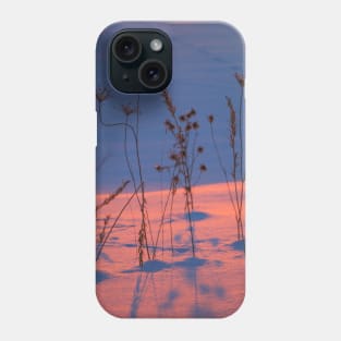 silhouettes of dry grass at sunset in a snowy field Phone Case