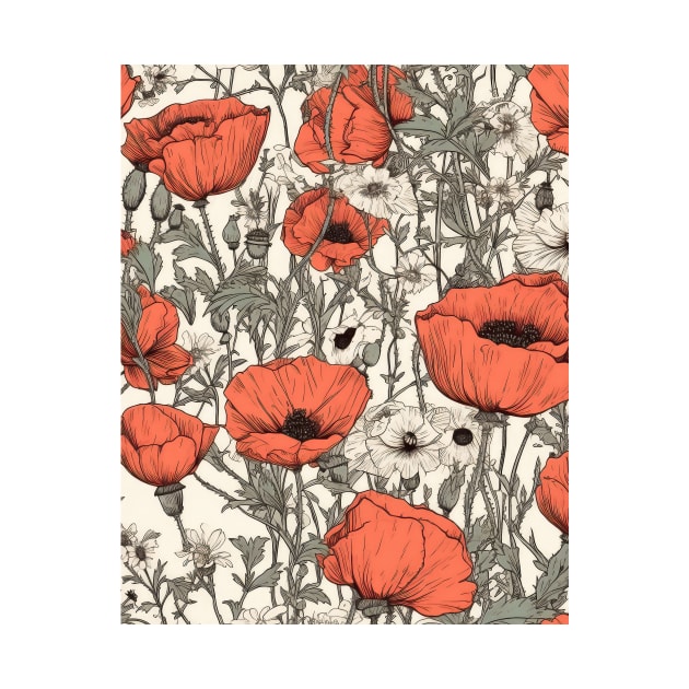Red Poppy Flower Pattern - Wildflower Illustration by Floral Decor Shop