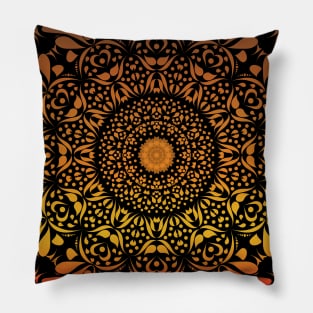 Sunset Ombre Floral Leaf Mandala Flower on Black Pillow