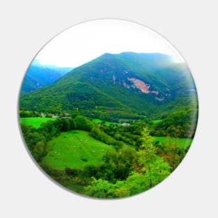 View from Sarnano at the Sibillini Mountains, hills, cattle, buildings Pin