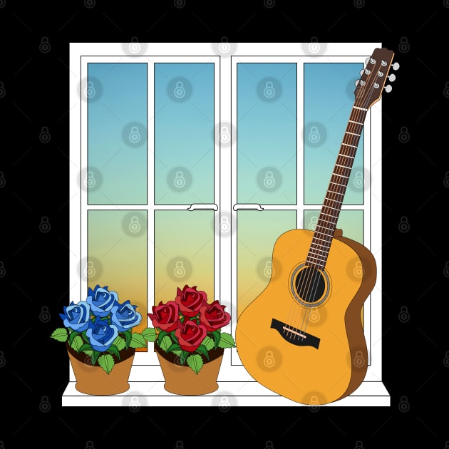 Acoustic Guitar Leaning Against Window with Flowers by nightsworthy