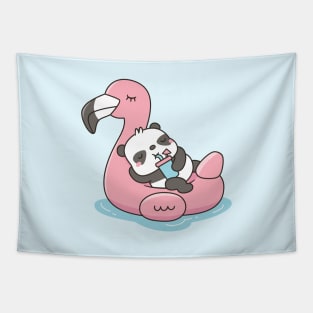 Cute Panda Chilling On Pink Flamingo Pool Float Tapestry