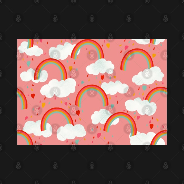 Clouds, rainbows and love hearts on a rose pink background by NattyDesigns