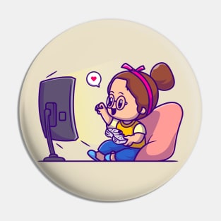 Cute Girl Playing Game Cartoon Pin