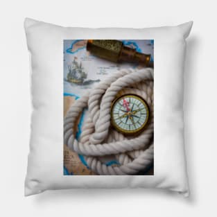 Old Compass In Rope On Map Pillow
