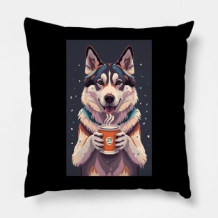 Siberian husky drinking coffee Pillow