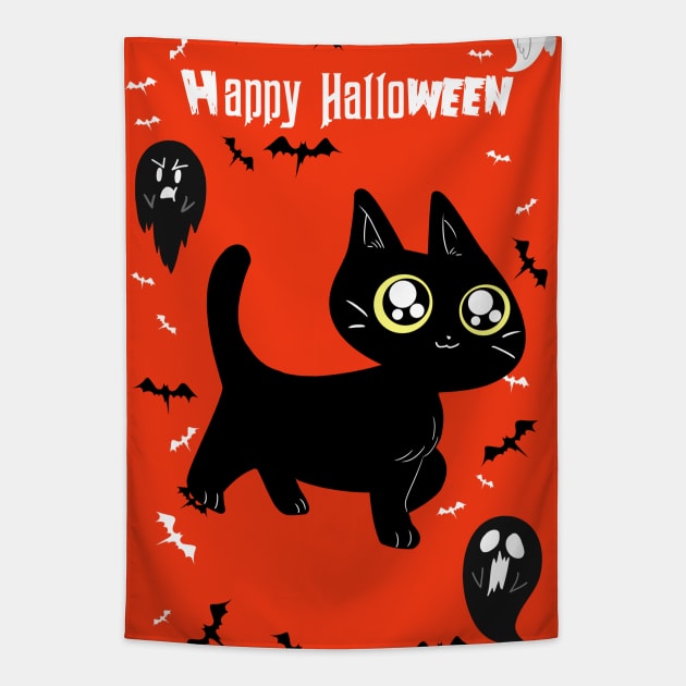 "Happy Halloween" Cute Black Kitten Tapestry by saradaboru
